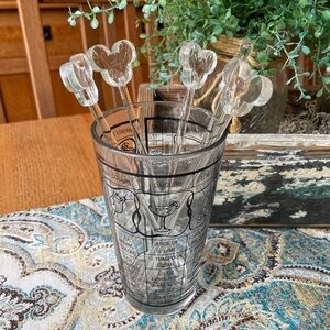 Vintage Glass Recipe Measuring Glass glass stir & 4 Disney Mickey swizzles